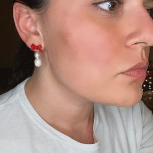 Red Bow White Pearl Dangles