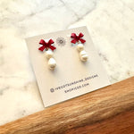 Load image into Gallery viewer, Red Bow White Pearl Dangles
