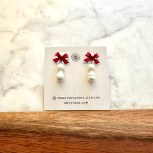 Red Bow White Pearl Dangles